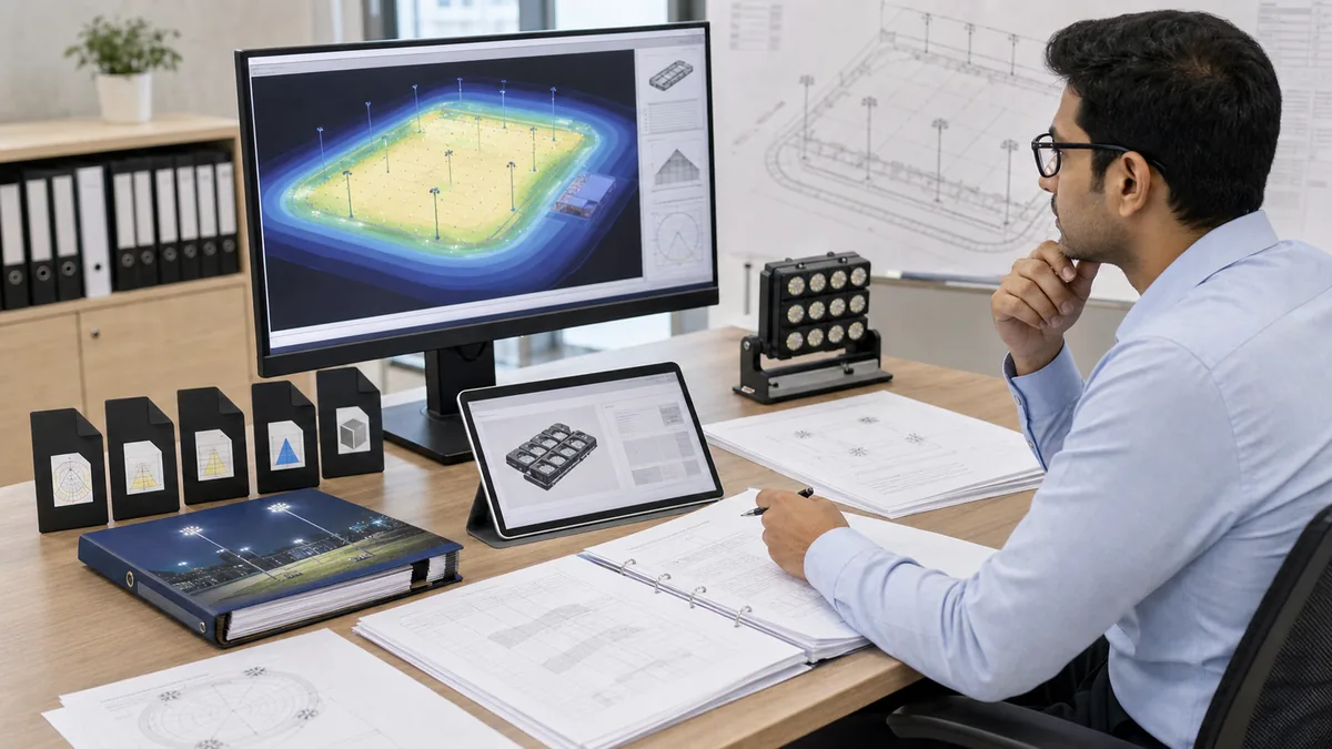 High mast luminaire IES DIALux and aiming schedule BOQ matching review