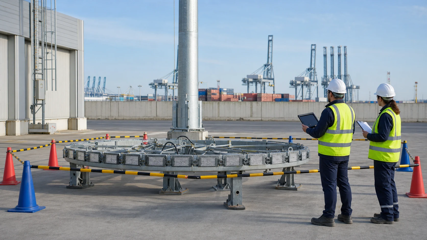 High mast luminaire ring lowered to ground level for safe service area review