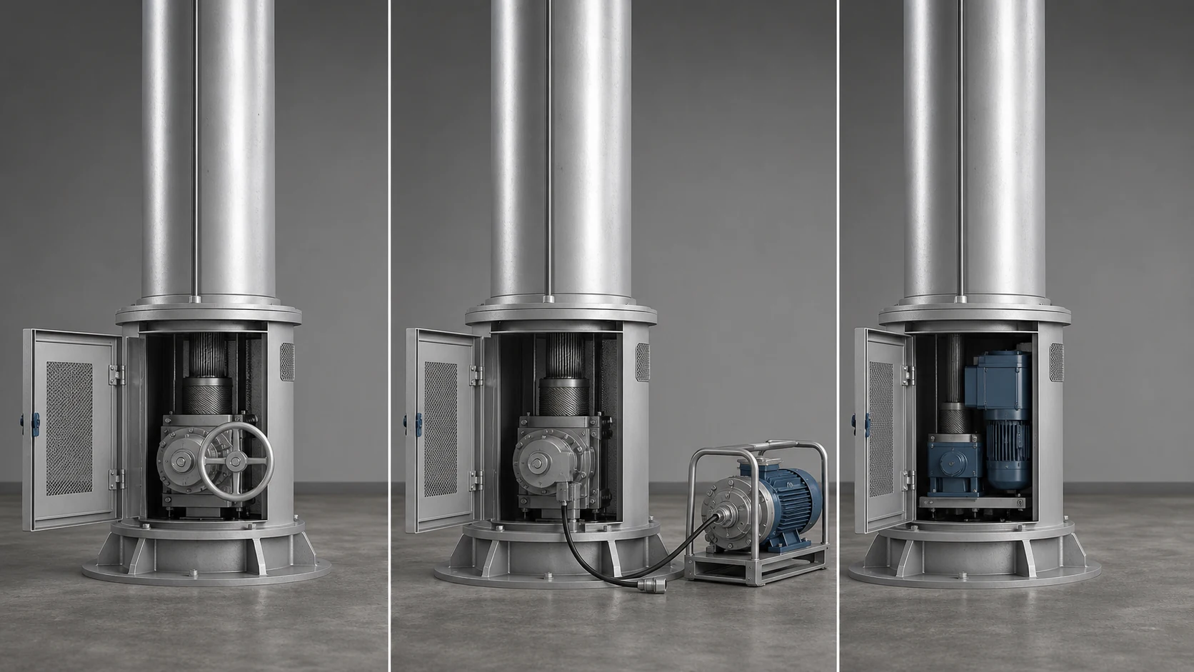 Manual portable motor drive and integrated motor options for high mast lowering systems