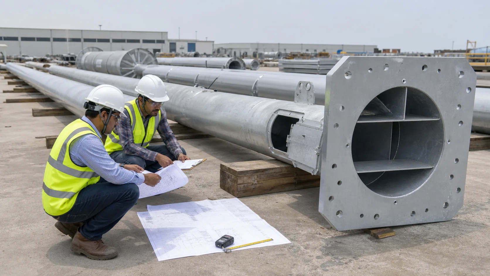 High mast pole base plate section and coating inspection before erection