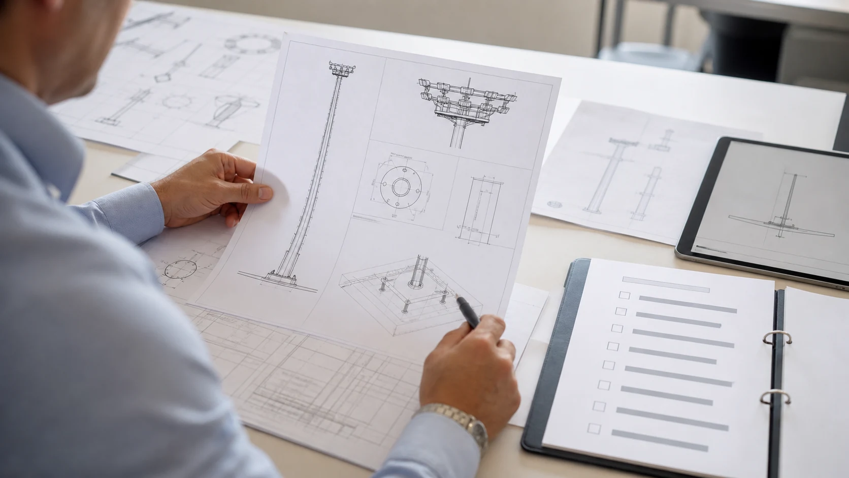 High mast pole procurement checklist with shaft sections headframe anchor bolts and structural package review