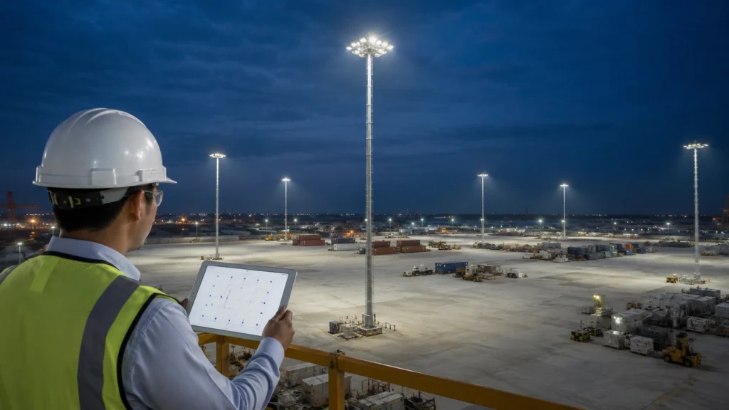 High mast pole spacing layout review for outdoor industrial lighting project