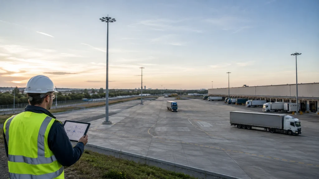 High mast lighting layout patterns and pole placement review for outdoor infrastructure project