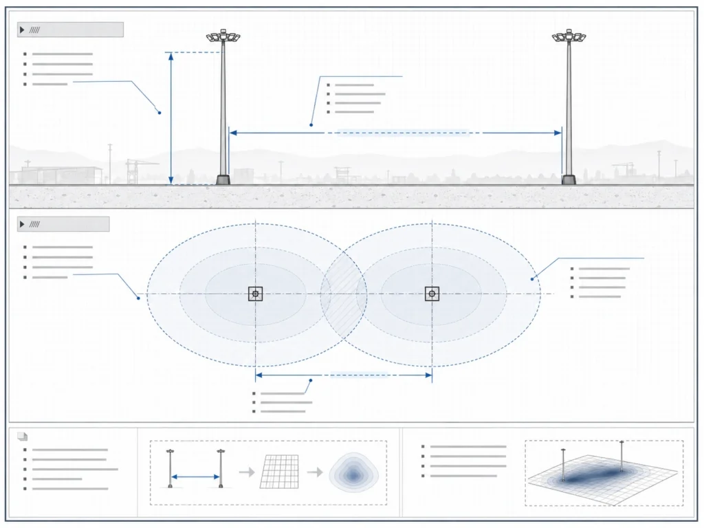 High mast pole spacing height ratio concept diagram for preliminary layout planning