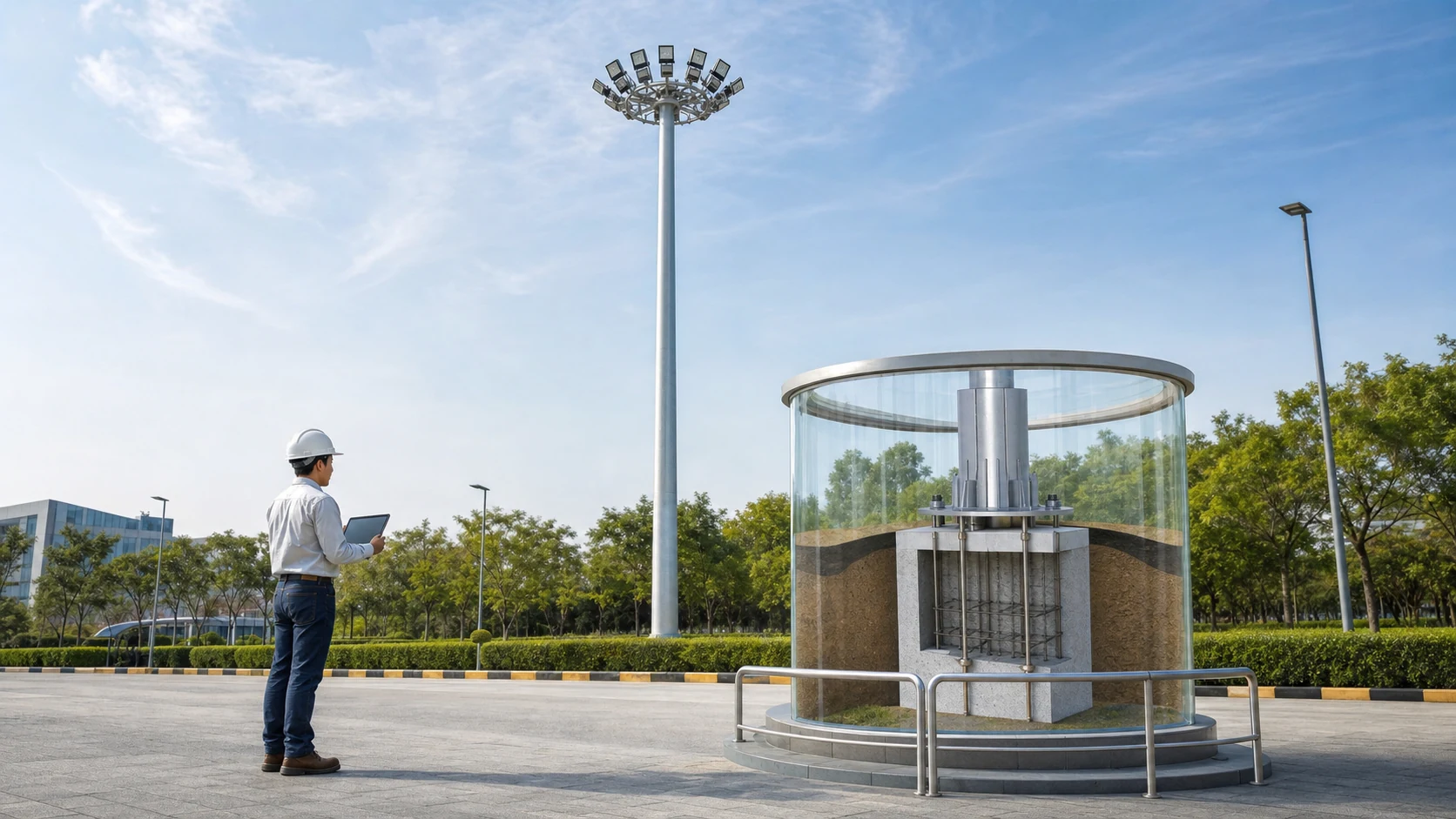 High mast lighting structural load path from luminaires to foundation and soil