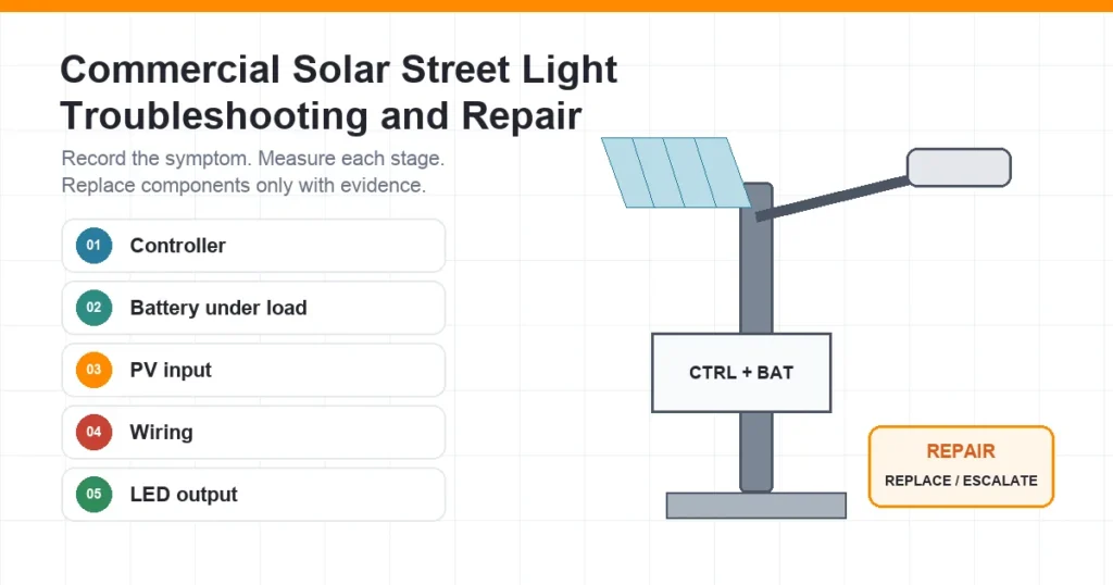 Commercial solar street light troubleshooting and repair guide for battery, controller, PV input, wiring and LED faults
