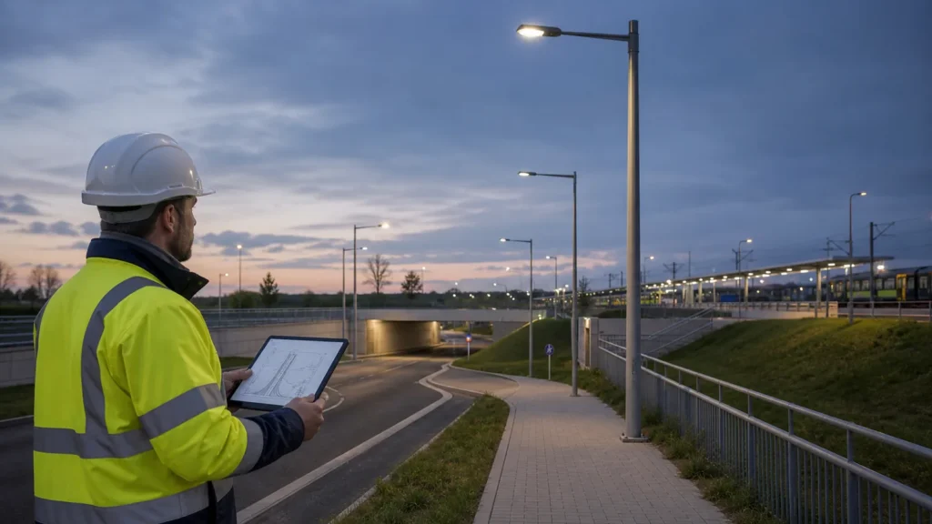 Municipal roadway lighting project reviewed for IK10 impact exposure and tender compliance