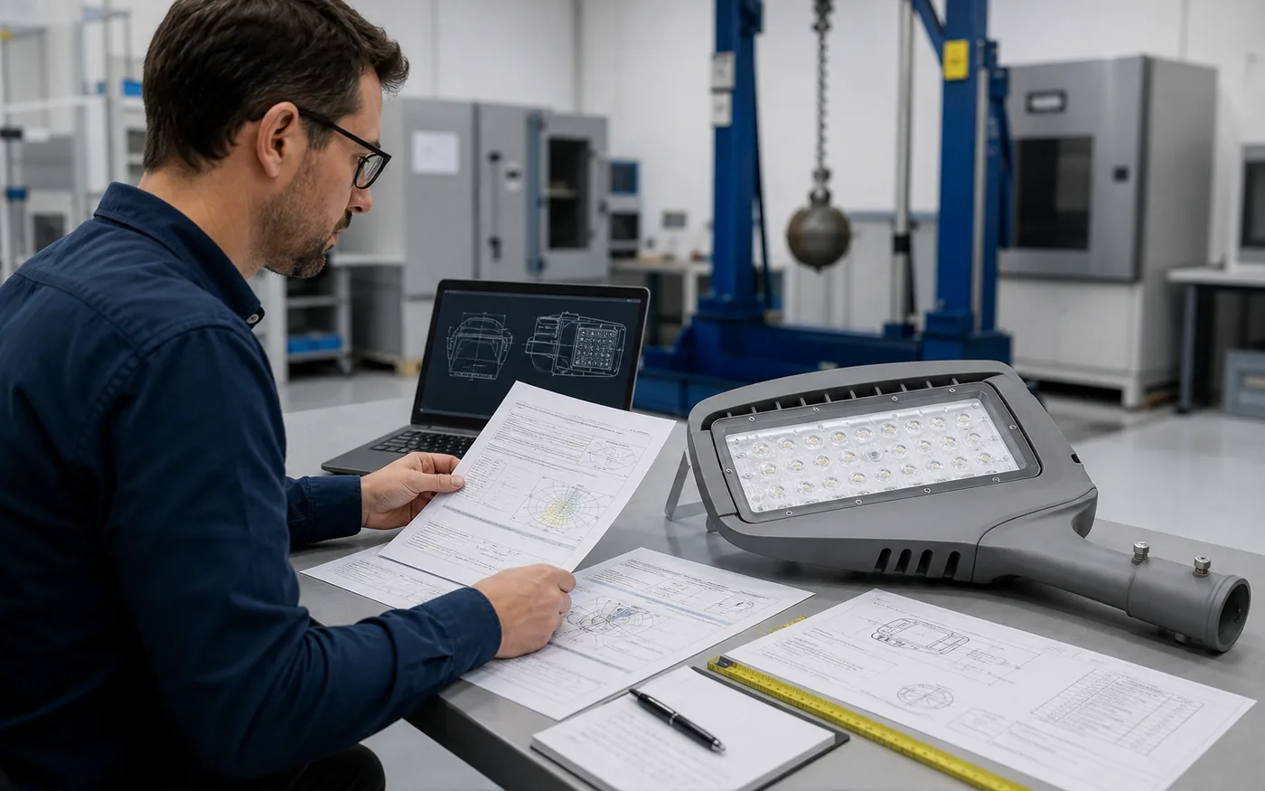 Engineer matching an IK10 test report to the exact street light model and materials