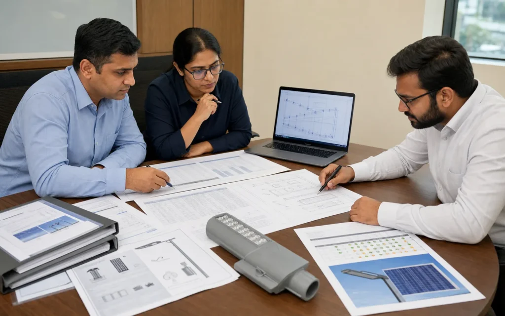 EPC team reviewing IK, IP, BOQ and tender evidence for a municipal lighting project