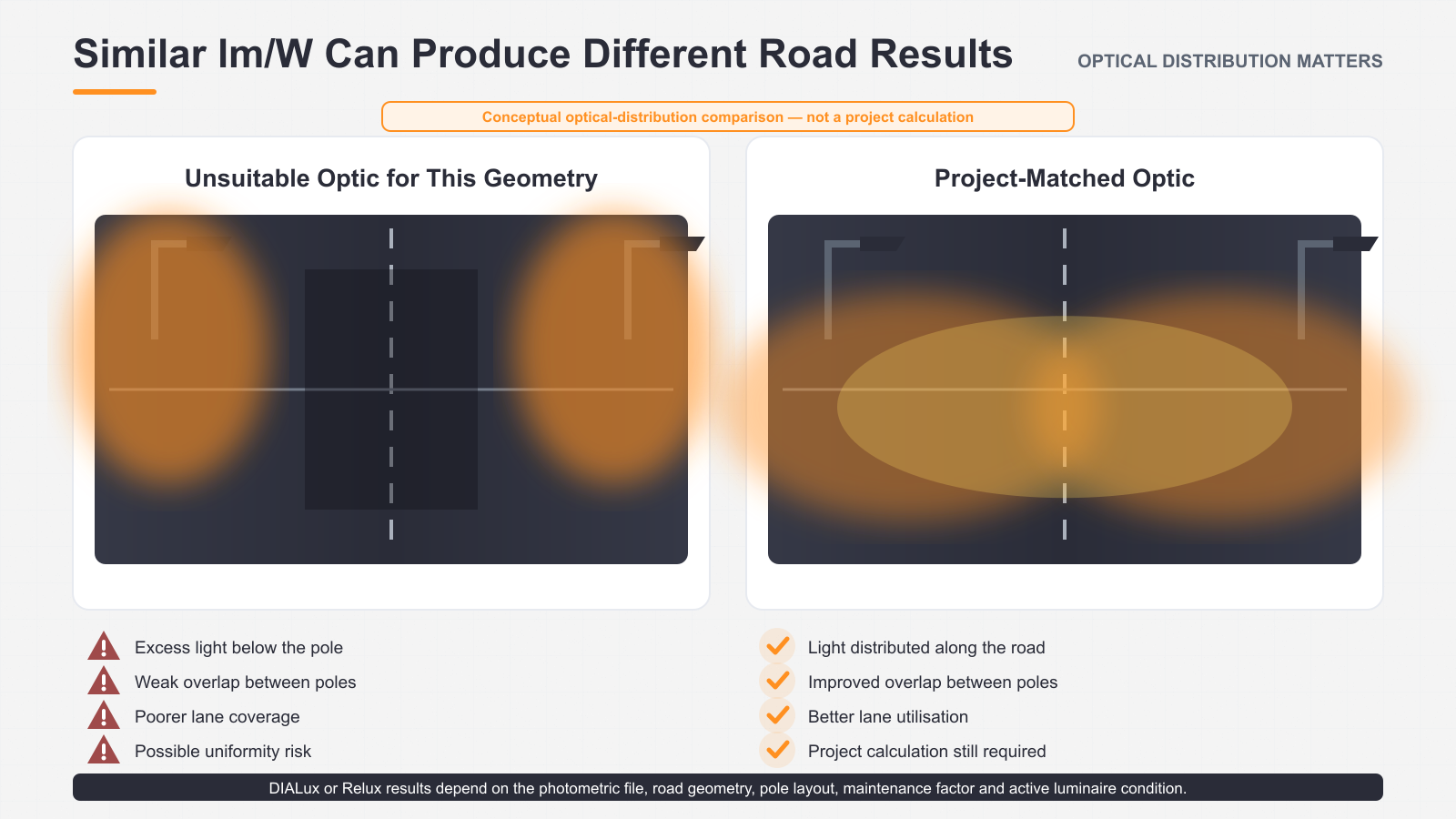 Comparison showing how street lights with similar lm/W can produce different road coverage and uniformity because of their optical distribution