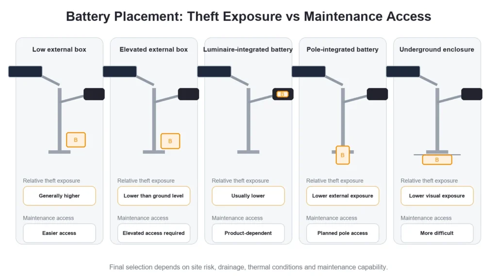 Comparison of solar street light battery placement, theft exposure and maintenance access