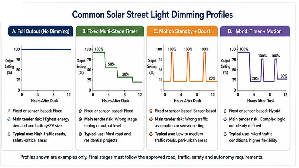 Comparison of full-output, timer, motion-sensor and hybrid solar street light dimming profiles