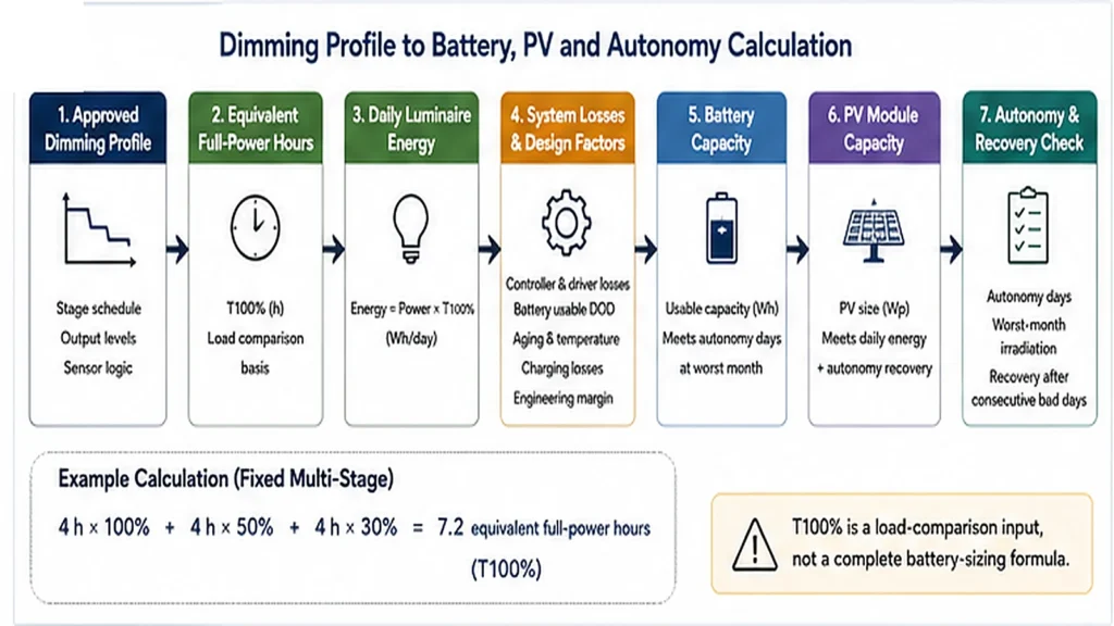 Solar street light dimming profile converted into equivalent full-power hours, battery sizing and PV autonomy calculations