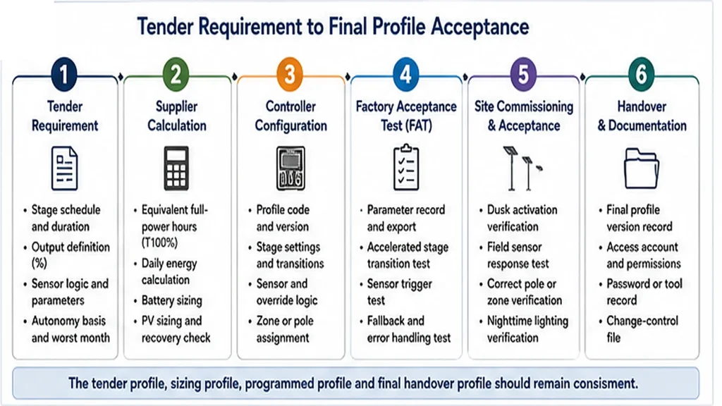 Solar street light dimming profile workflow from tender requirement and sizing to FAT, commissioning and handover