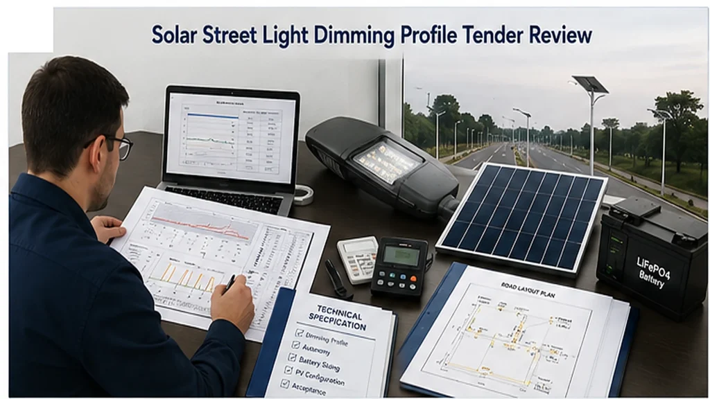 Engineer reviewing a solar street light dimming profile for tender, battery sizing and acceptance