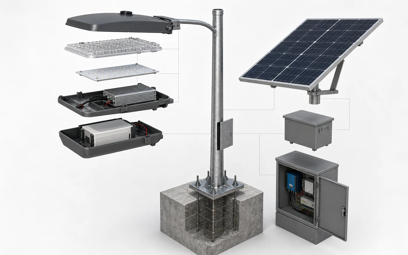 Exploded view showing which solar street light components require separate IK verification