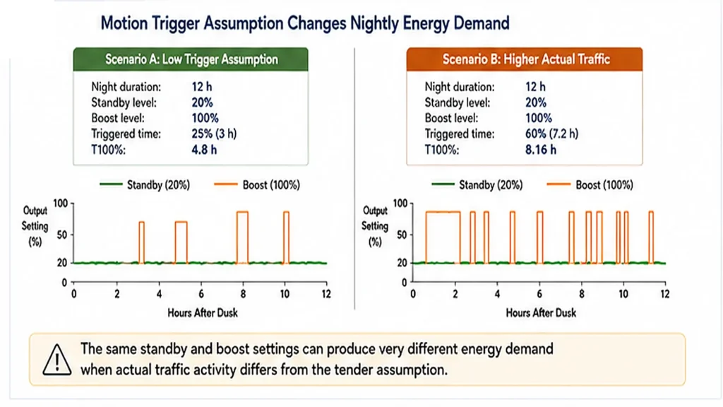 Comparison of solar street light motion-trigger assumptions and their effect on equivalent full-power hours