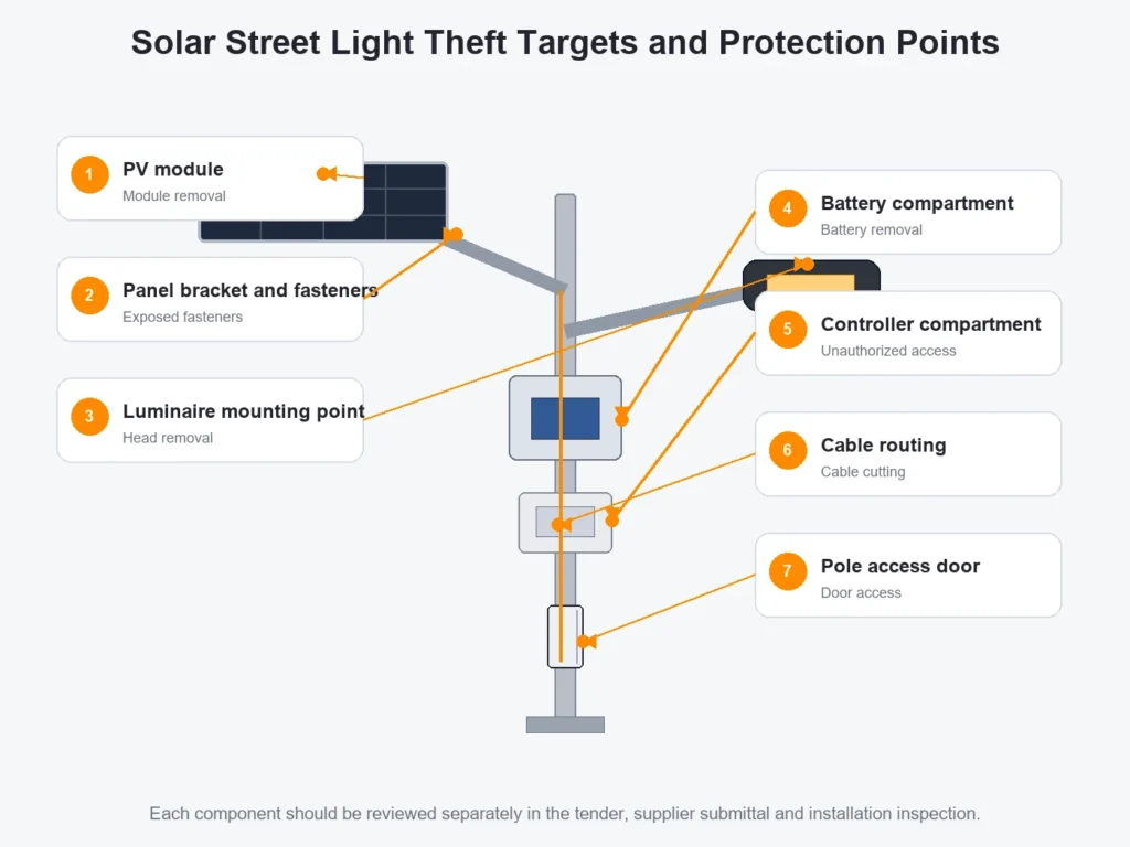 Solar street light components requiring anti-theft protection