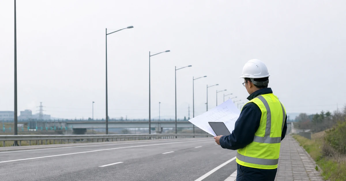Engineer reviewing street light pole spacing and mounting height for a roadway lighting layout