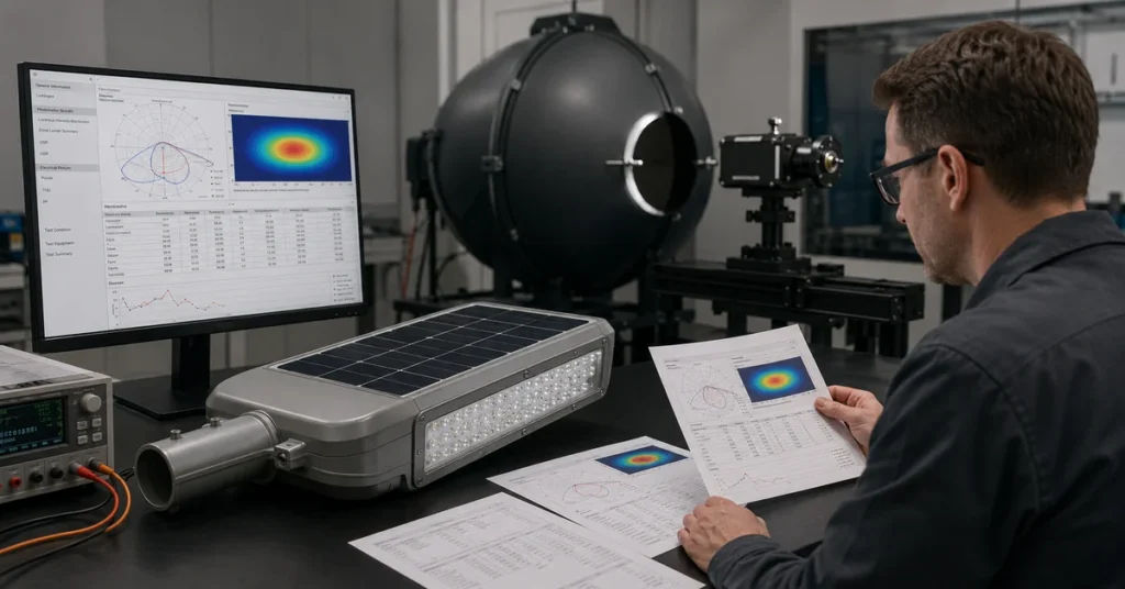 Engineer reviewing a photometric test report for a complete solar street light luminaire