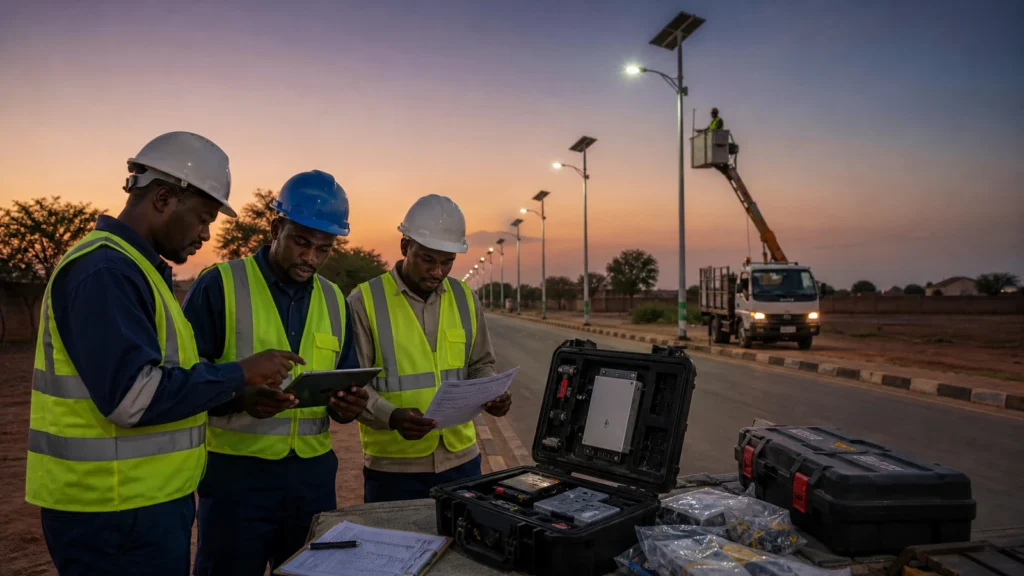 EPC team reviewing solar street light spare parts, asset records and field maintenance requirements