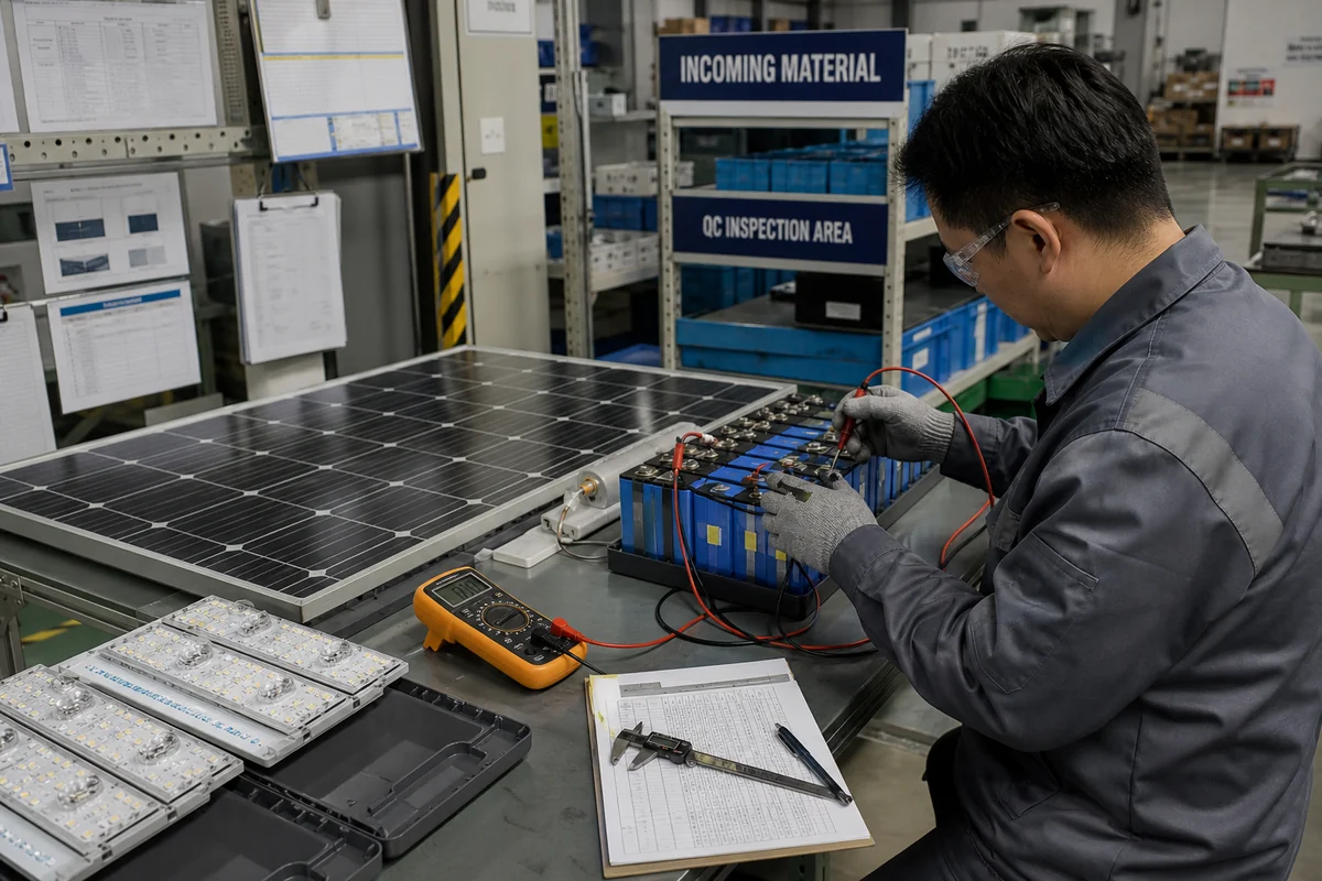 incoming quality control inspection of solar street light components in factory