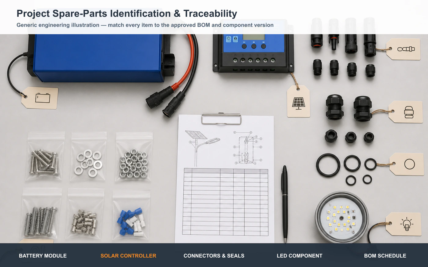 Labeled solar street light battery, controller, connectors and project spare-parts records