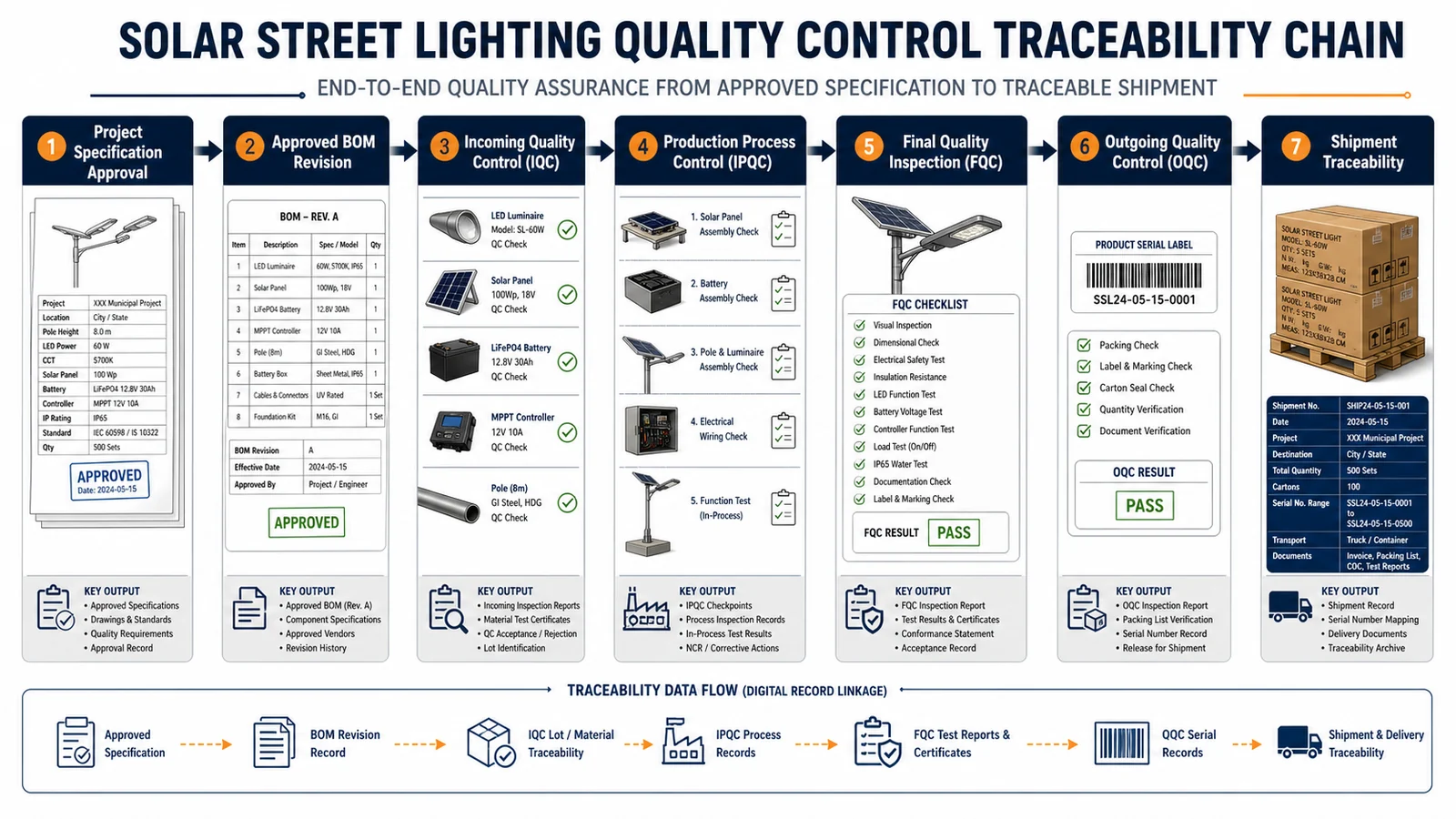solar street light project quality control traceability process from BOM approval to shipment inspection