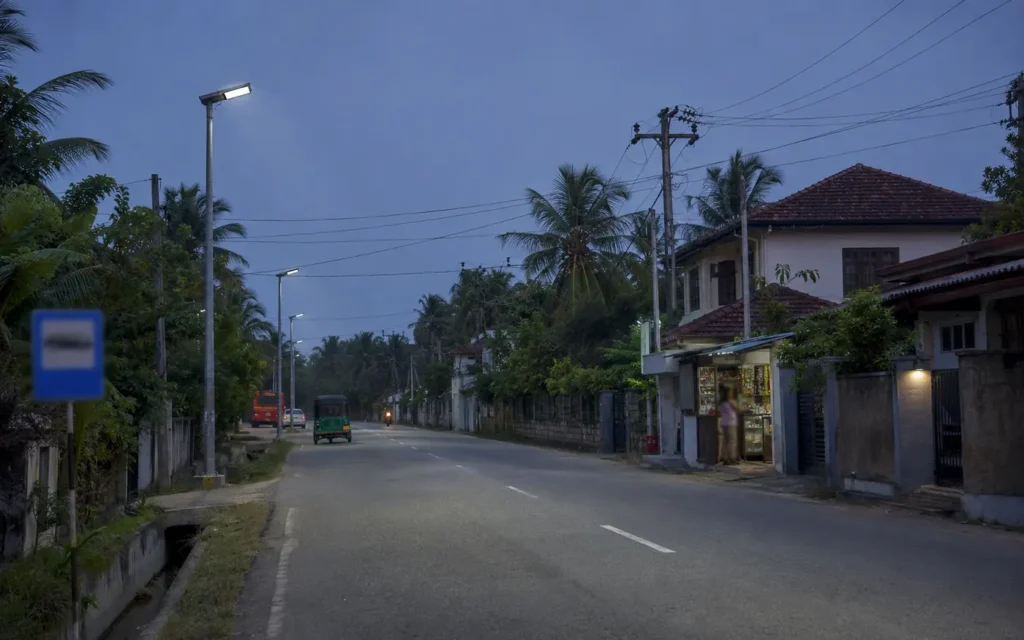 60W all-in-one solar street lighting reference on a suburban road in Sri Lanka