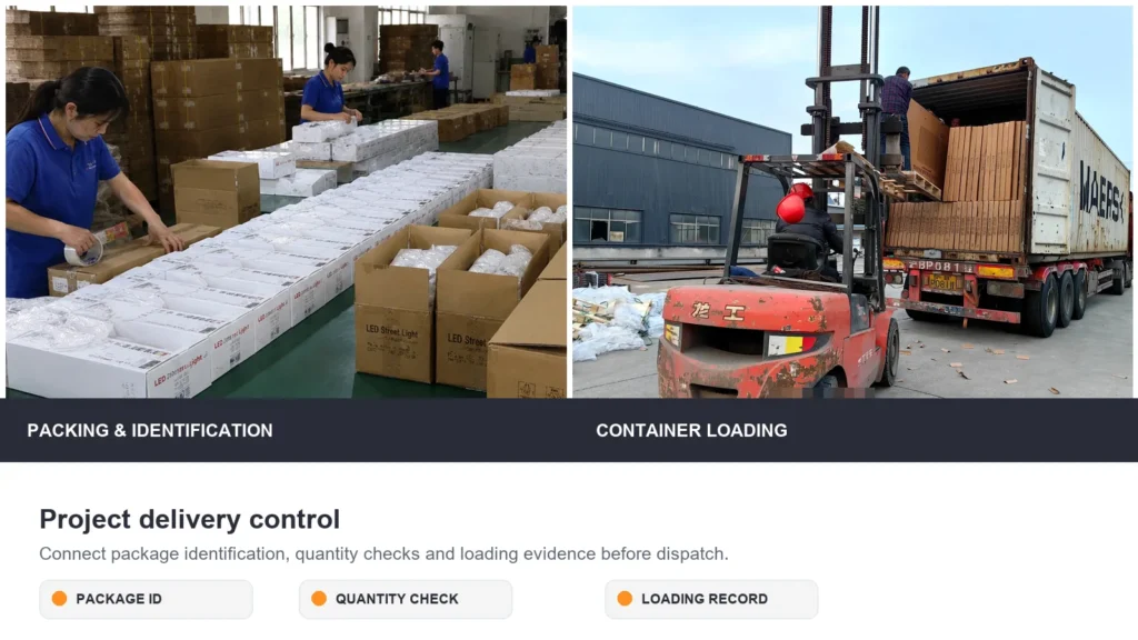 Street lighting project packing and container loading inspection before shipment