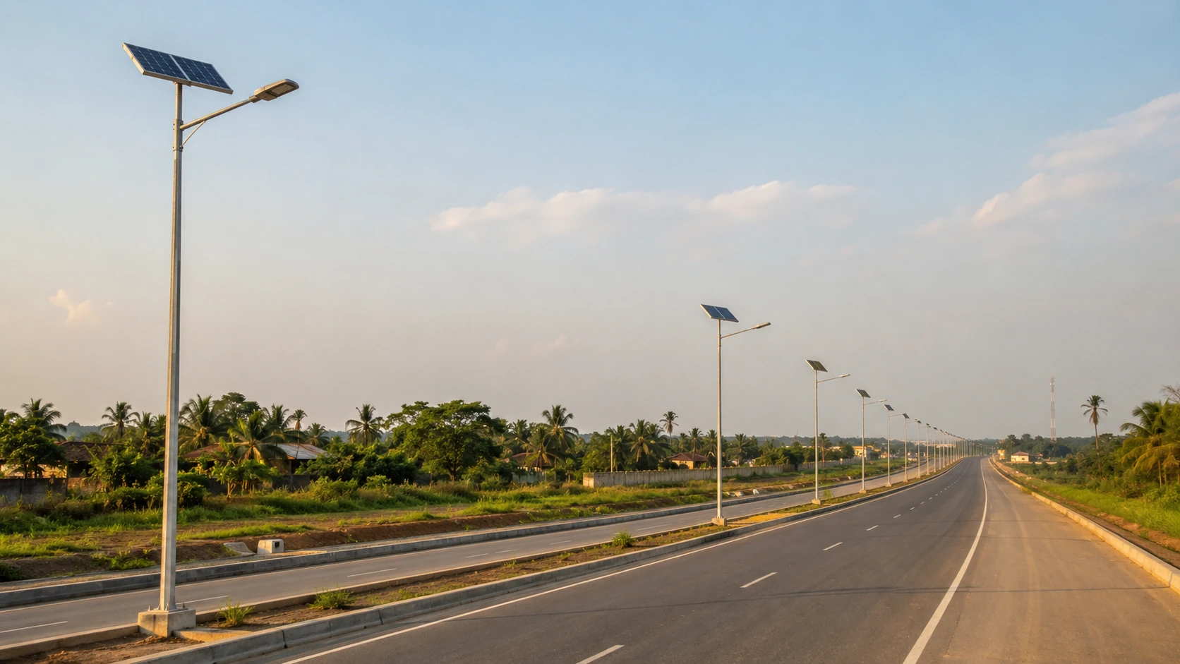 Togo road and highway solar street lighting project with solar street lights along a wide roadway