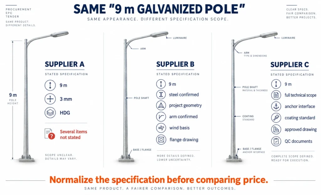 Comparison of supplier specifications for the same 9 meter galvanized street light pole