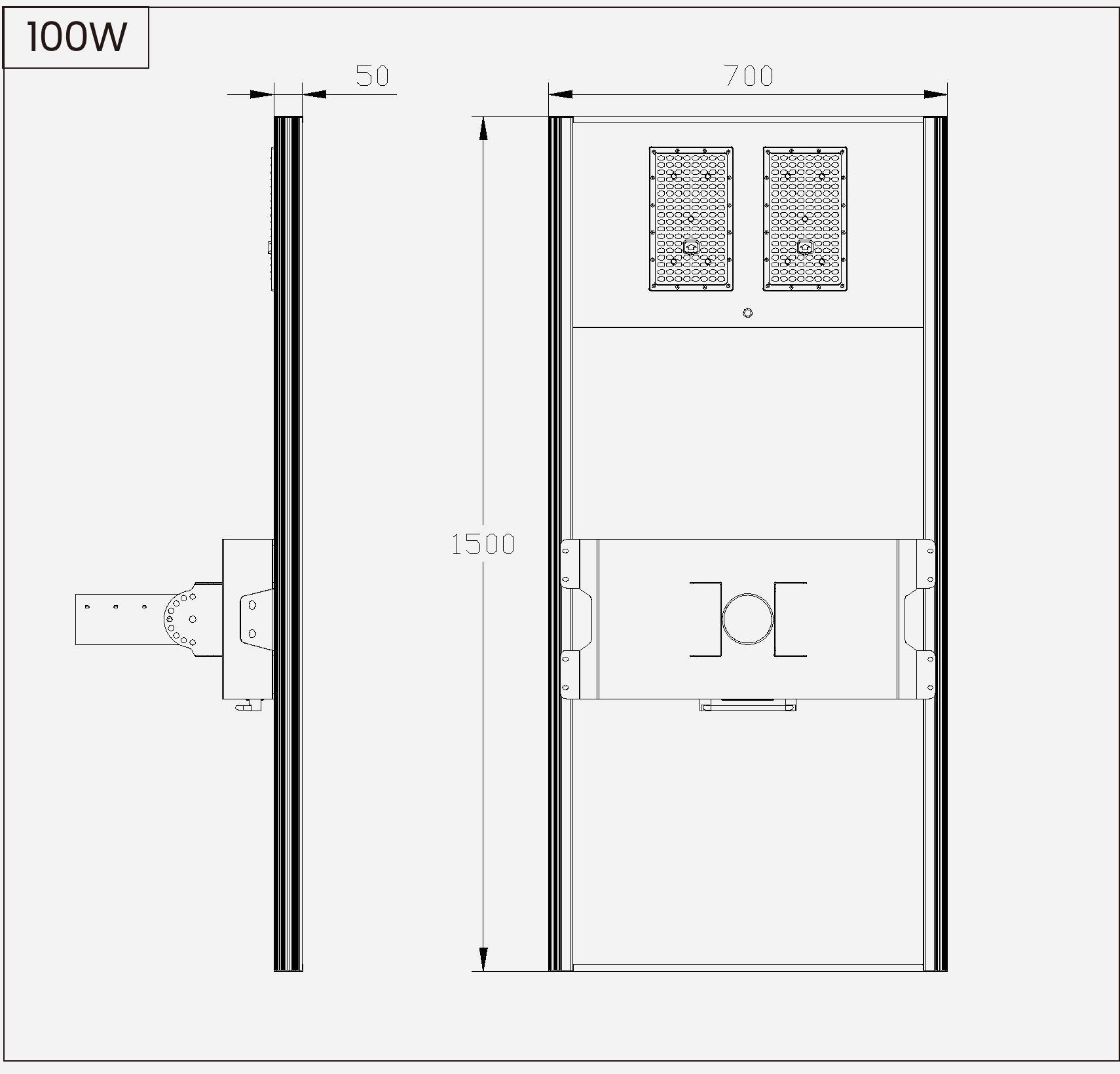 SL-AIO-HC-100 outline drawing showing 1500 × 700 × 50 mm lamp-body dimensions.