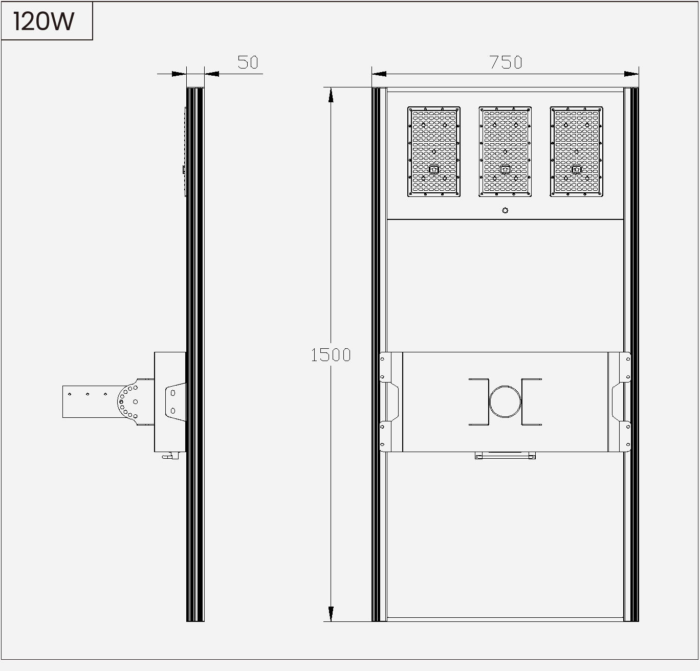 SL-AIO-HC-120 outline drawing showing 1500 × 750 × 50 mm lamp-body dimensions.