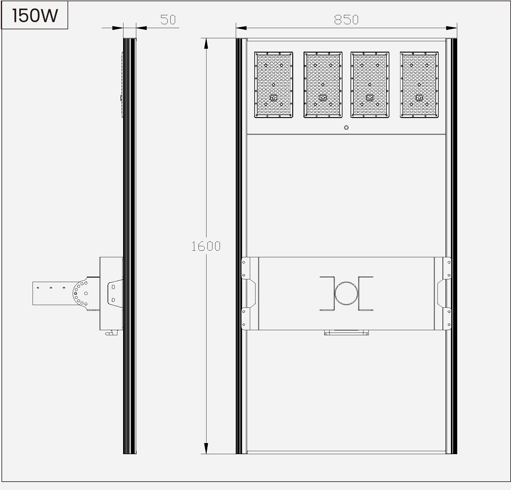 SL-AIO-HC-150 outline drawing showing 1600 × 850 × 50 mm lamp-body dimensions.