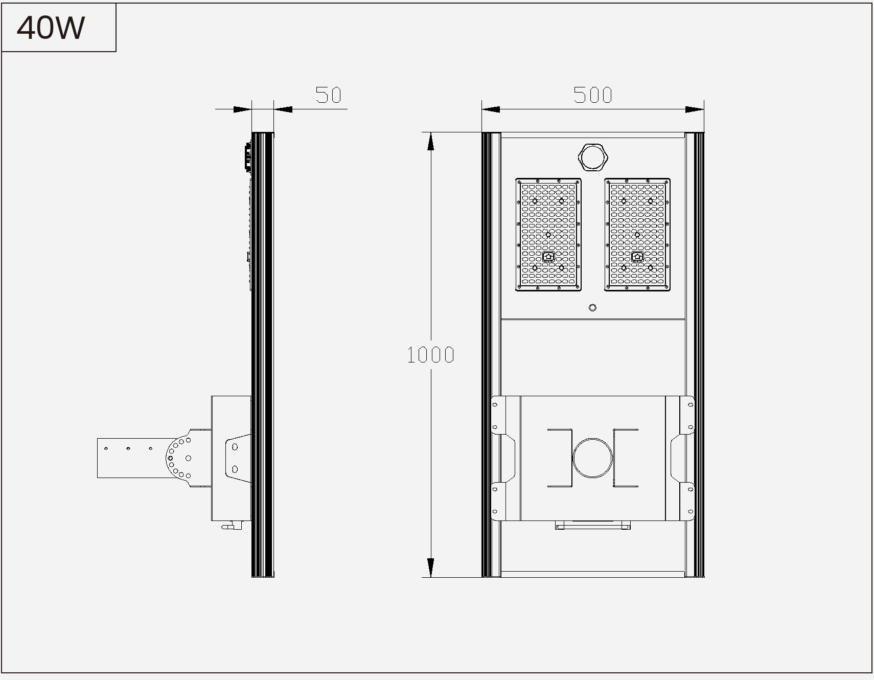 SL-AIO-HC-40 outline drawing showing 1000 × 500 × 50 mm lamp-body dimensions.