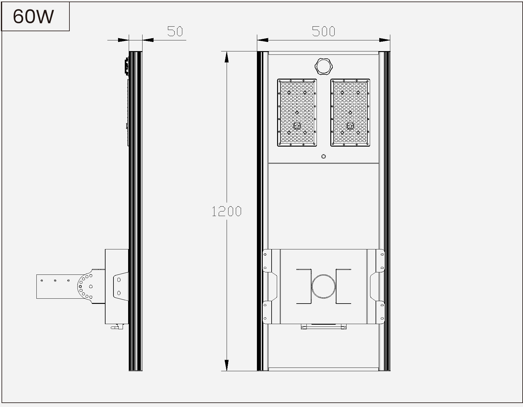SL-AIO-HC-60 outline drawing showing 1200 × 500 × 50 mm lamp-body dimensions.