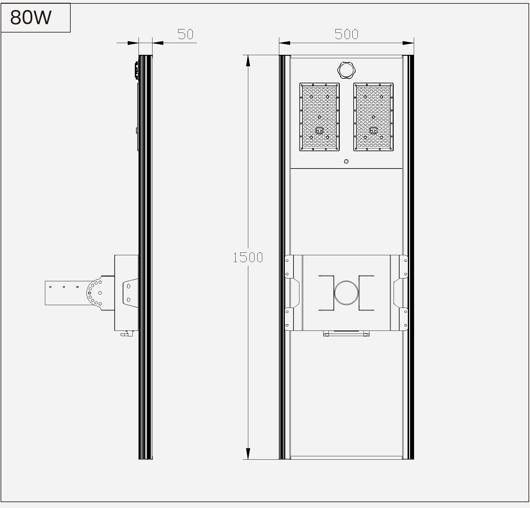 SL-AIO-HC-80 outline drawing showing 1500 × 500 × 50 mm lamp-body dimensions.