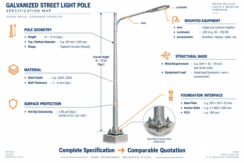 Galvanized street light pole specification including dimensions steel wind load base plate and anchor bolts