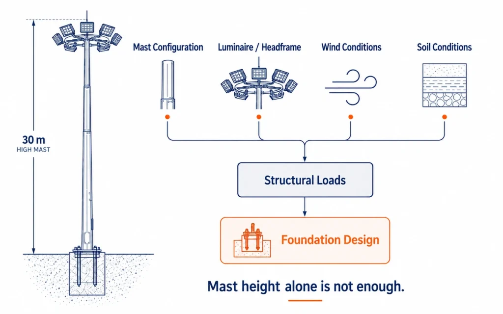 High mast foundation design inputs including mast configuration wind load and soil conditions