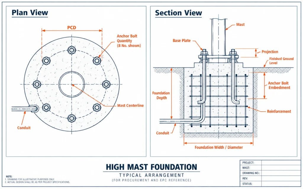 High mast foundation drawing showing anchor bolts reinforcement PCD conduit and foundation section