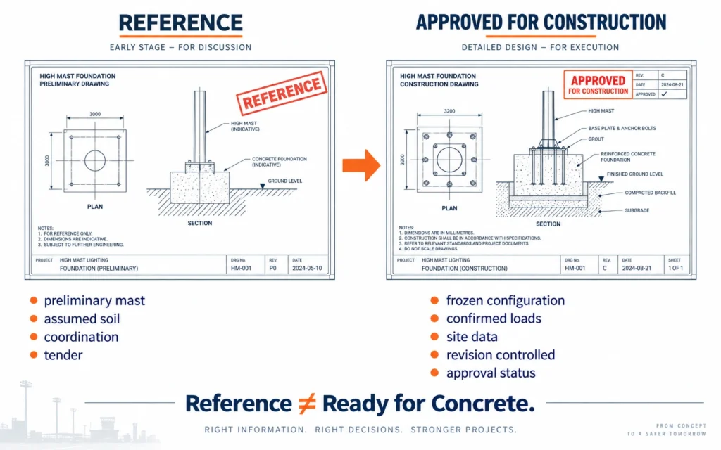 Difference between high mast reference foundation drawing and approved construction drawing