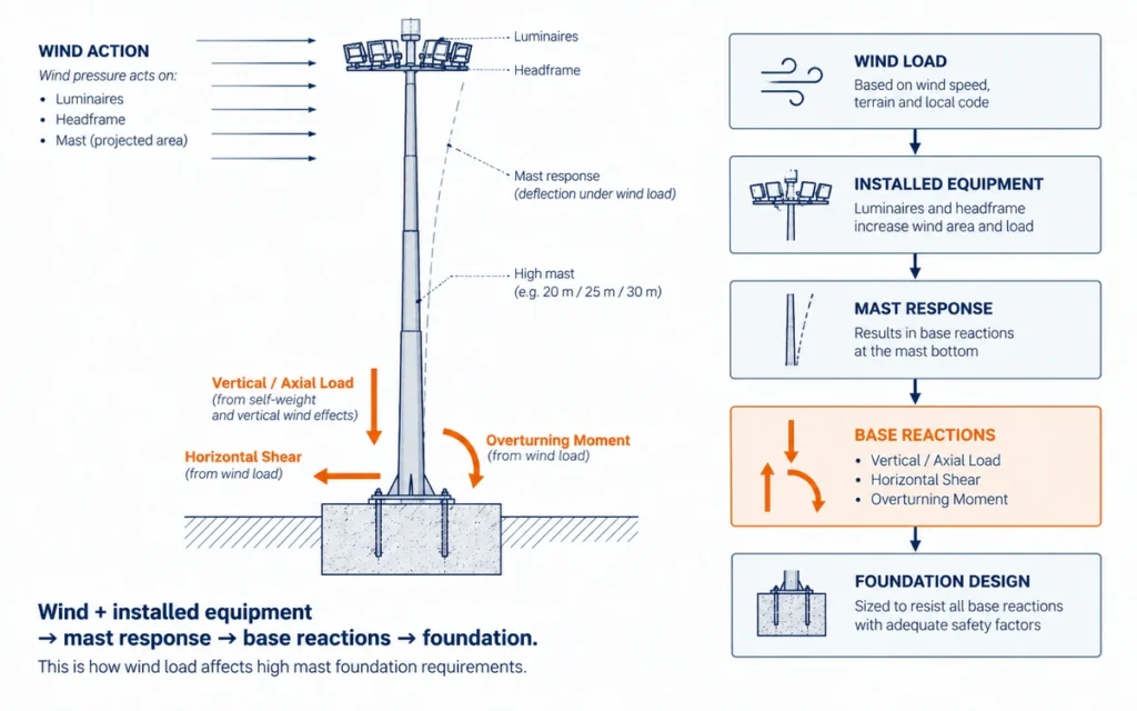 High mast base plate anchor bolts and PCD foundation interface diagram
