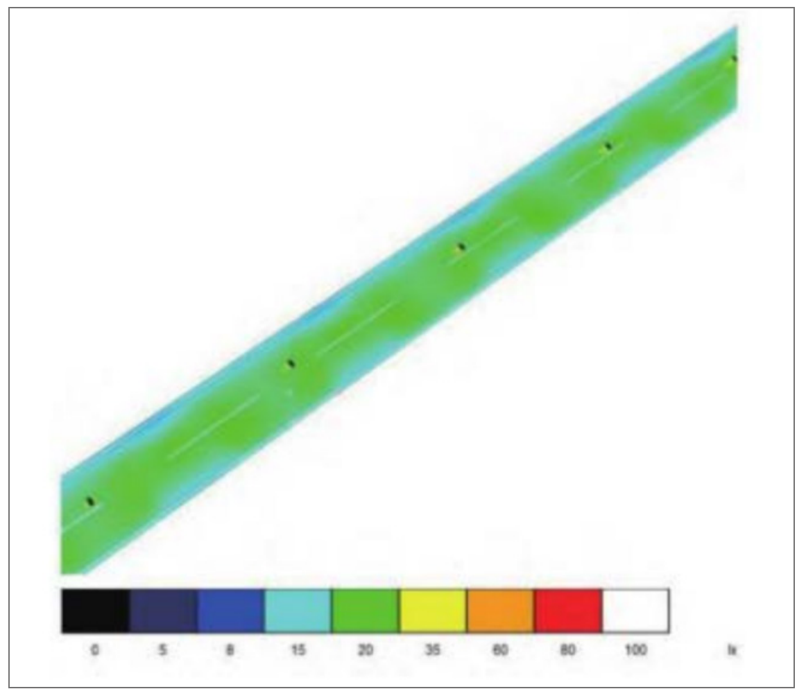 Reference false-colour road distribution illustration with colour scale; not a verified SL-AIO-HC calculation