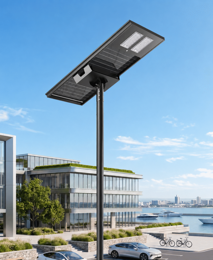 SL-AIO-HC all-in-one solar street light product visualization beside a building