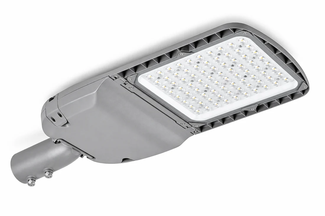 SL-SPL-HC road luminaire underside showing the optic panel and exterior housing fasteners.