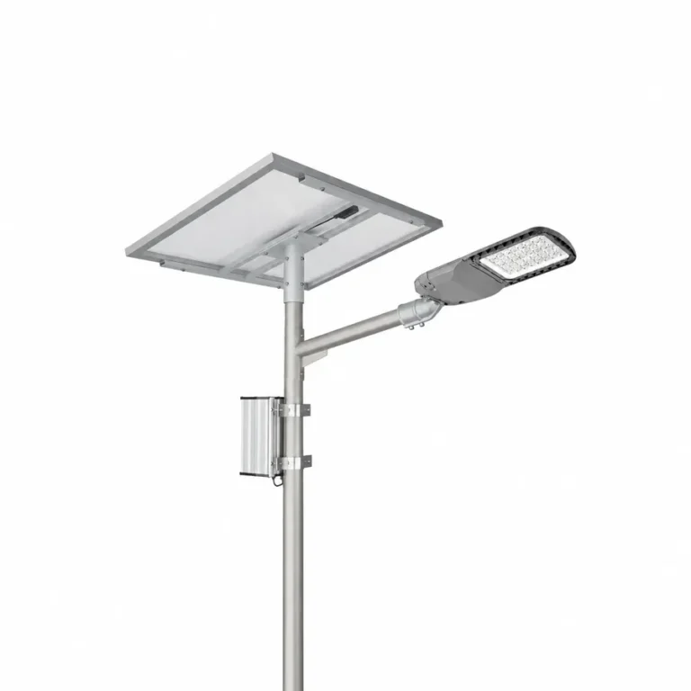 SL-SPL-HC split solar street light with PV module underside, pole-mounted external enclosure and road luminaire.