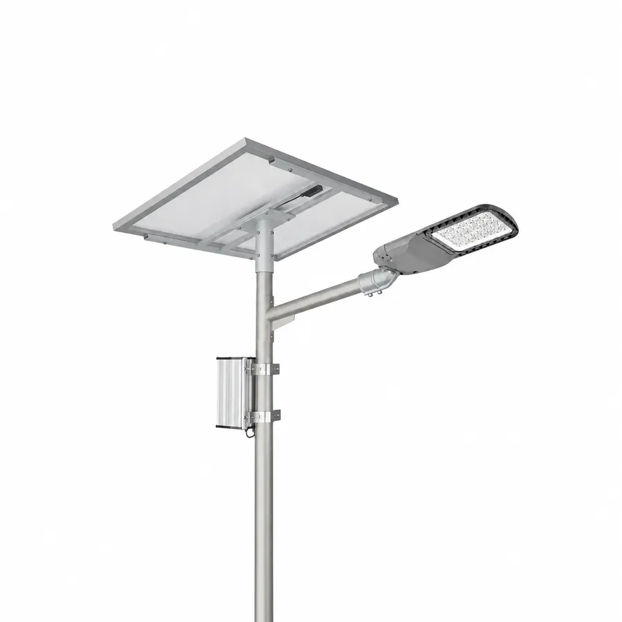 SL-SPL-HC split solar street light with PV module underside, pole-mounted external enclosure and road luminaire.