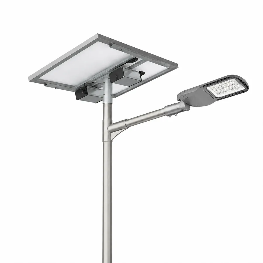 SL-SPL-HC split solar street light with PV module underside, support bracket, under-panel enclosures and LED road luminaire on a pole.