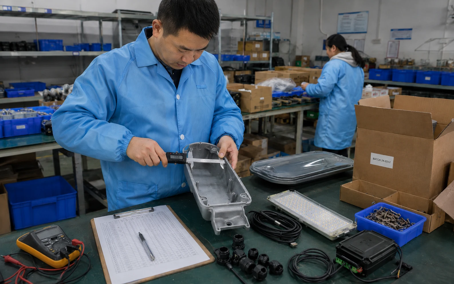Incoming material inspection of solar street light components with digital caliper measurement in a lighting factory workshop